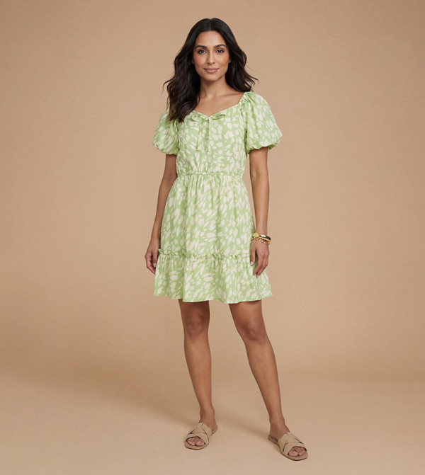 Tie Front Puff Sleeves Poplin Mini Dress