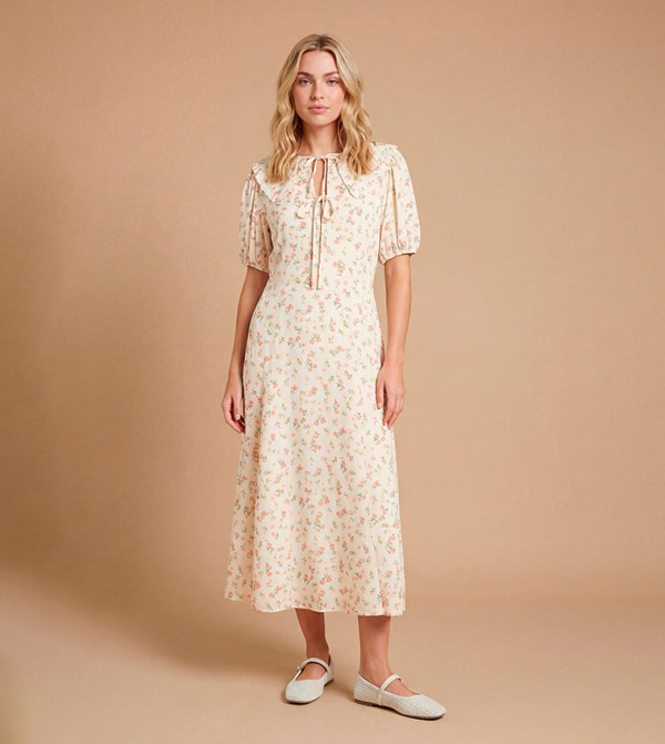 Lace Trim Collar Tie Detail Printed Midi Dress