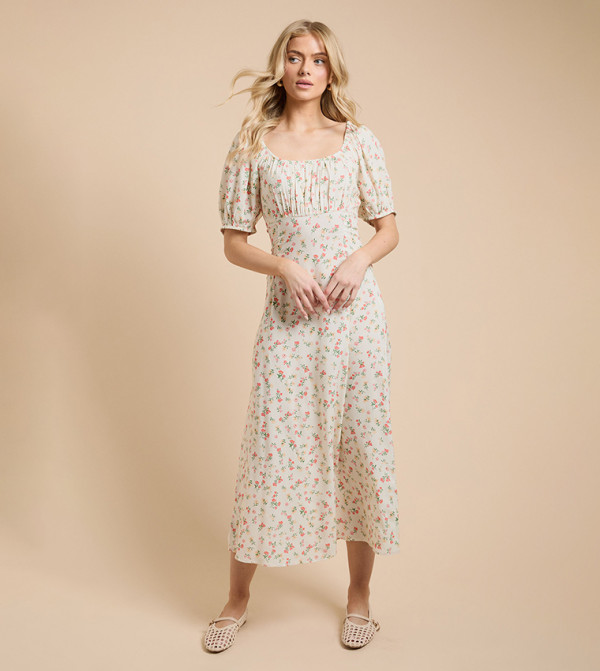 Printed Ruched Scoop Neck Midi Dress