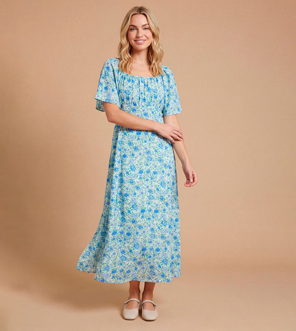 Printed Short Sleeves Full Skirt Midi Dress