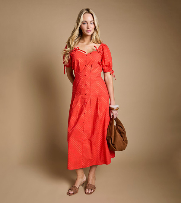 Pleat Button Detail Puff Sleeves Midi Dress