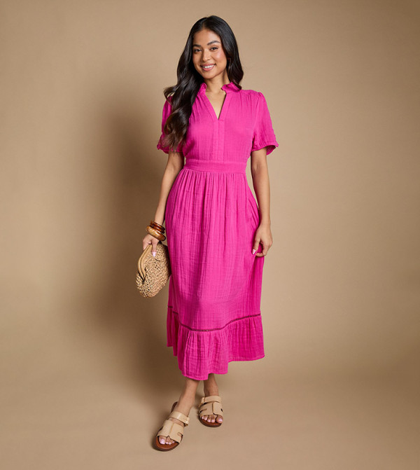 Petite Collar Detail Short Sleeves Midaxi Dress