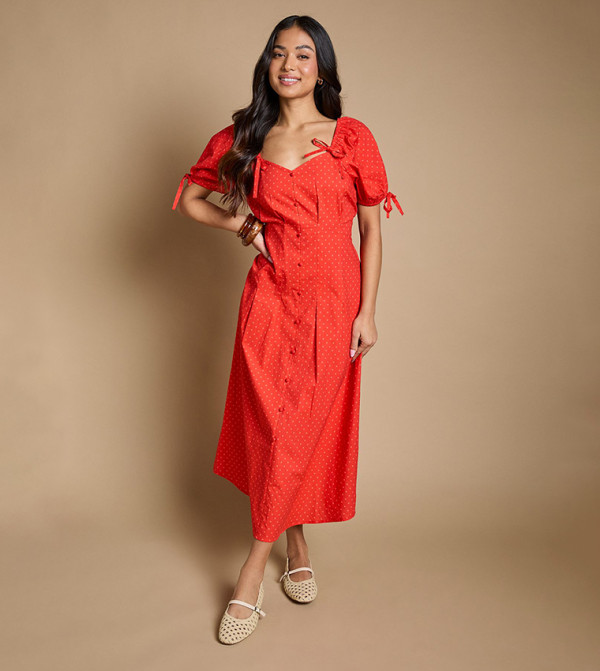 Petite Pleat Button Detail Puff Sleeves Midaxi Dress
