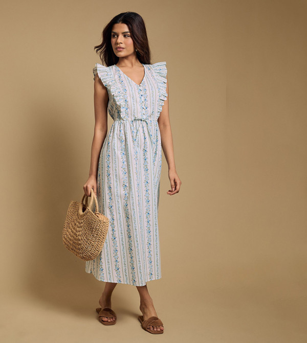 Petite Lace-Up Flutter Sleeves Printed Poplin Midi Dress
