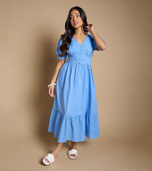Petite Broderie Lace Trim Puff Sleeves Tiered Poplin Midaxi Dress
