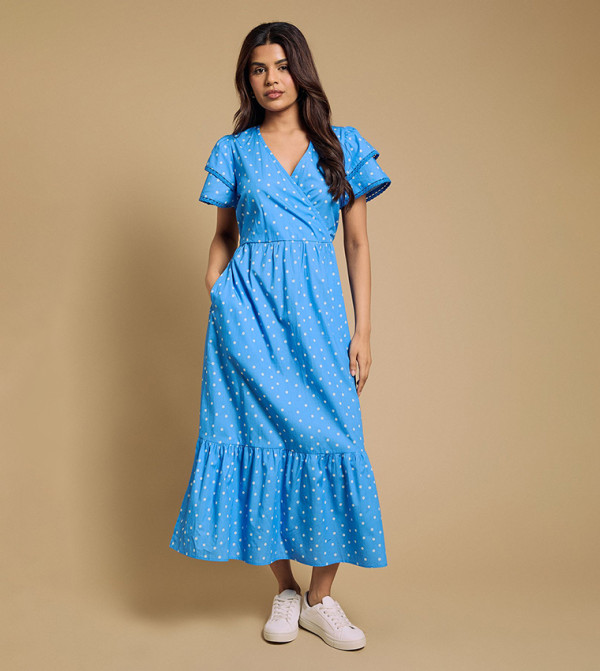 Petite Wrap Front Lace Detail Tiered Printed Midaxi Dress