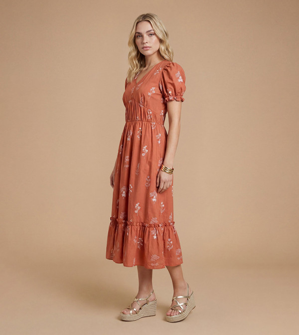 Embroidered Puff Sleeves Tiered Midi Dress