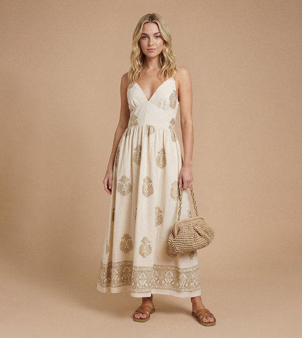 Metallic Embroidered Strappy Midi Dress