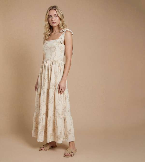 Metallic Embroidered Floral Strappy Tie Maxi Dress