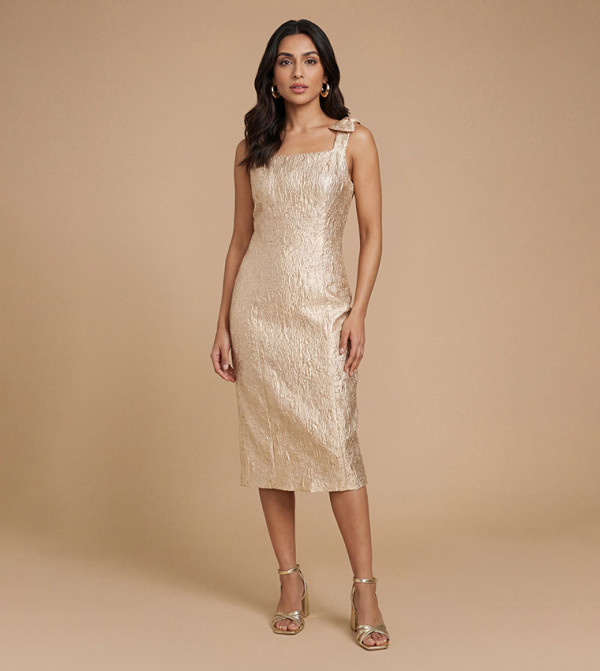 Petite Dp Luxe Bow Shoulder Jacquard Midi Dress