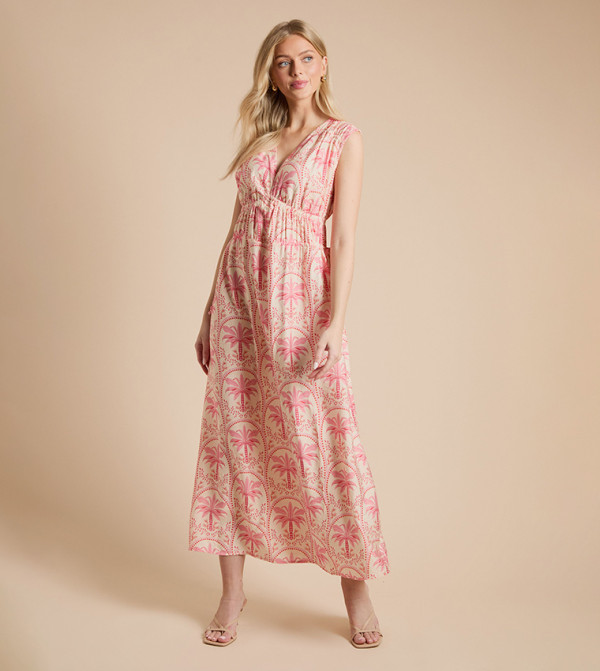 Palm Printed Side Tie V-Neck Maxi Dress