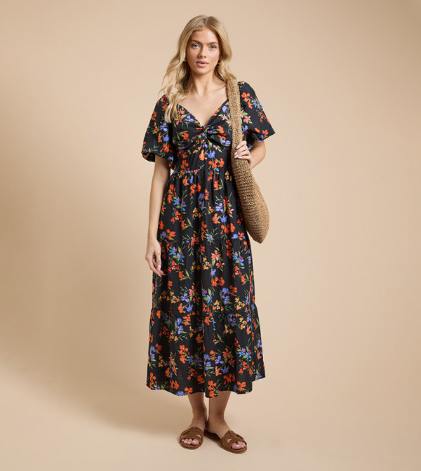 Printed Twist Front Puff Sleeves Midi Dress