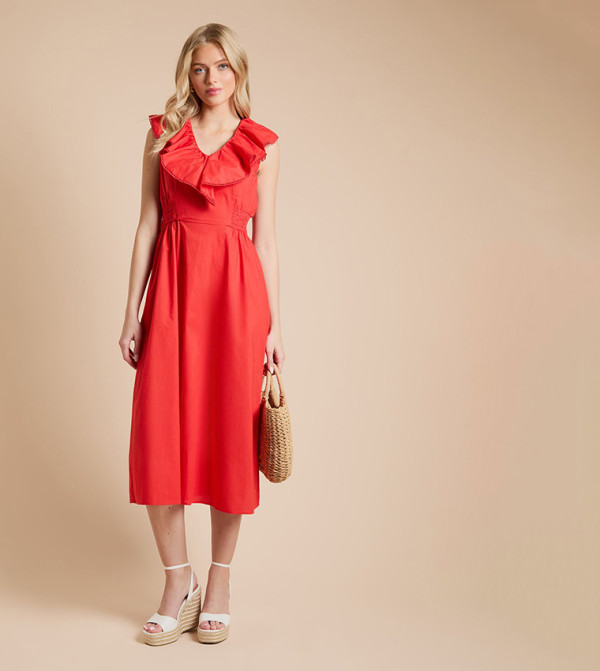 Frill Neckline Lace Detail Midi Dress