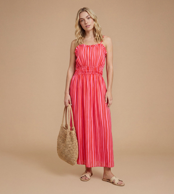Striped Twist Strap Detail Printed Midi Dress