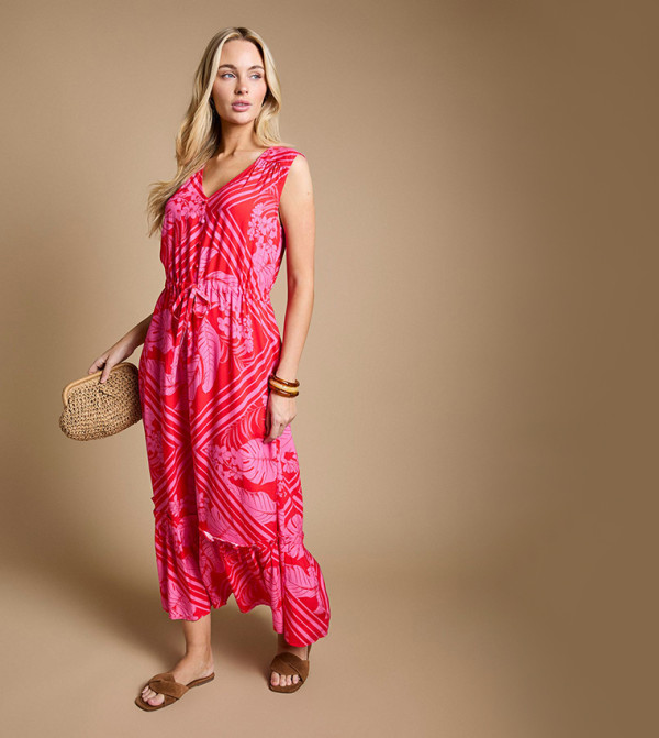 Tropical Print Sleeveless Drawstring Waist Tiered Midi Dress