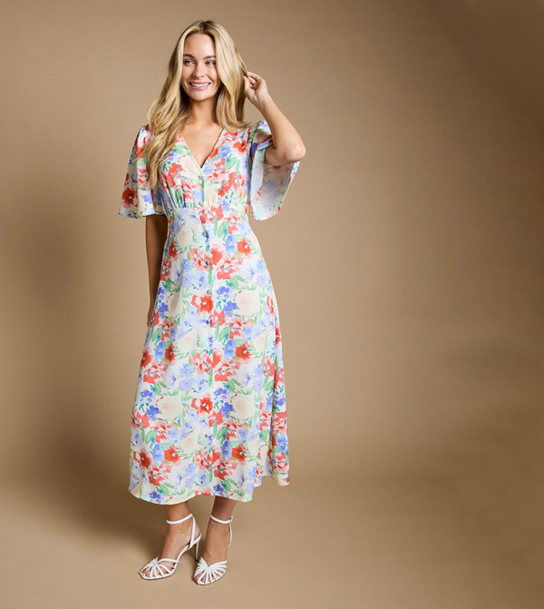 Floral Button Front Flared Sleeves Tie Back Midi Dress