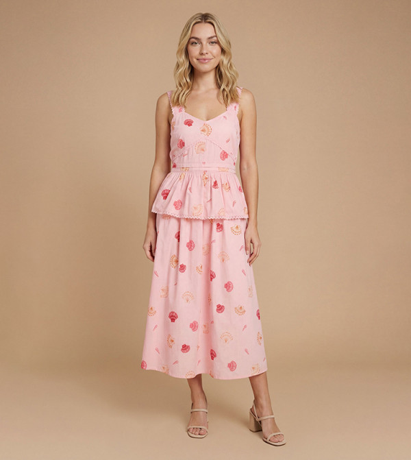 Shell Printed Lace Trim Peplum Midi Dress