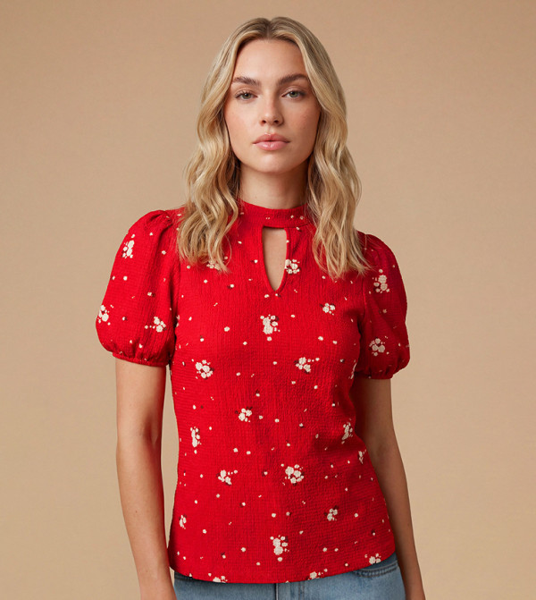 Ditsy Keyhole Neck Puff Sleeves Top