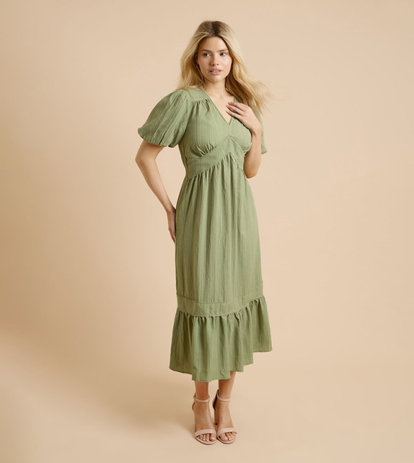 Bubble Sleeves Trim Detail Midi Dress