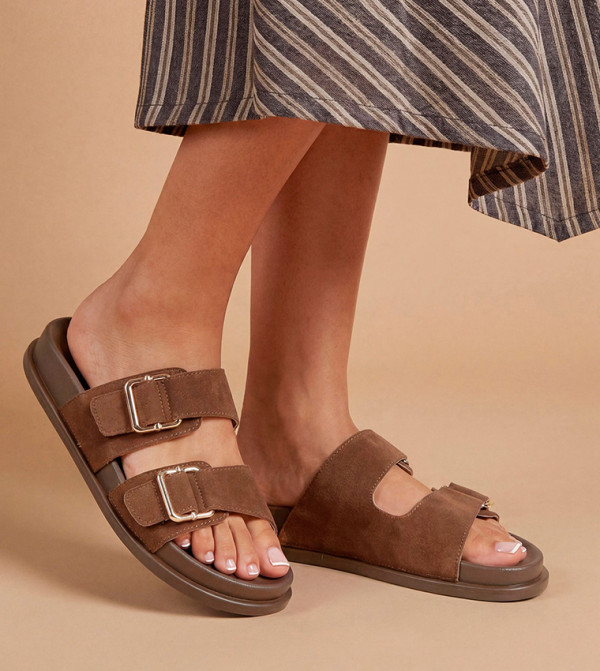 Fisher Faux Suede Double Buckle Footbed Flat Sandals