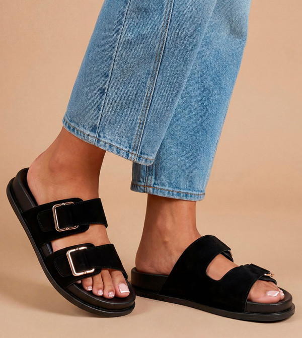 Fisher Faux Suede Double Buckle Footbed Flat Sandals