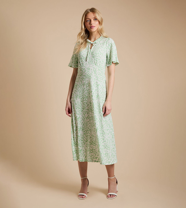 Tie Front Flutter Sleeves Printed Jersey Midi Dress