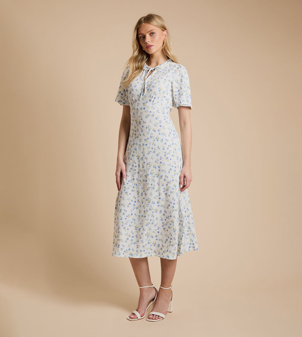 Ditsy Tie Front Flutter Sleeves Printed Jersey Midi Dress