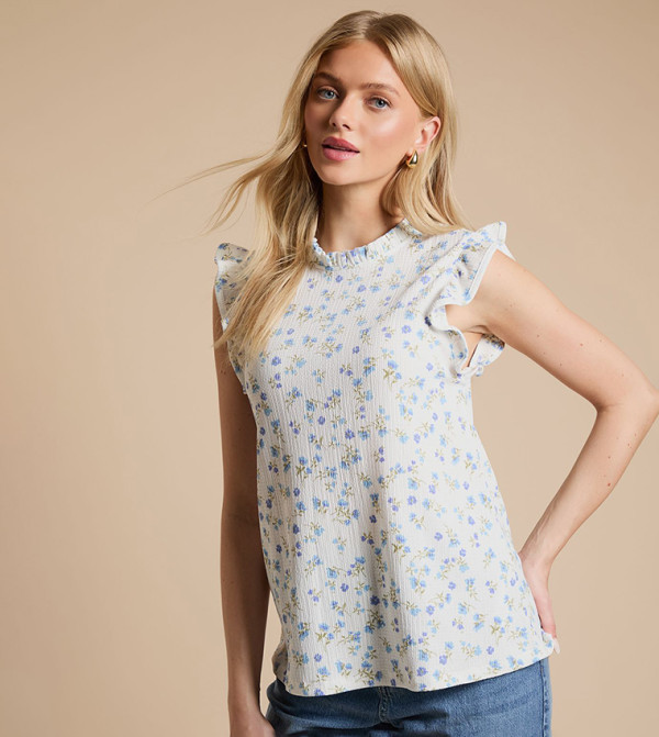 Ditsy Frill Yoke Printed Shell Sleeveless Top