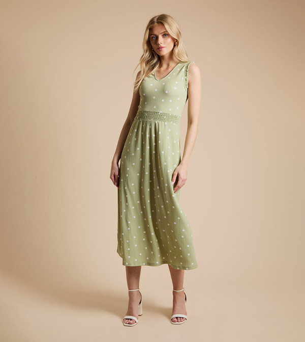 Spot V-Neck Shirred Waist Printed Jersey Midi Dress