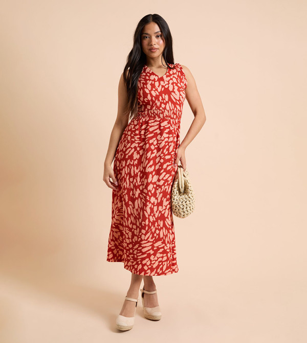 Petite Printed Shirred Waist Jersey Midi Dress