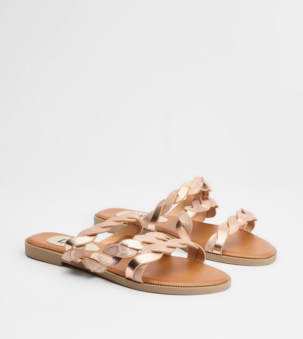 Mel Metallic Faux Leather Plaited Straps Detail Flat Sandals