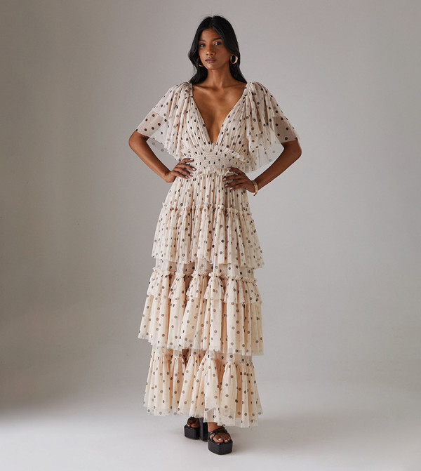 Polka Dots Plunge Neck Layered Maxi Dress