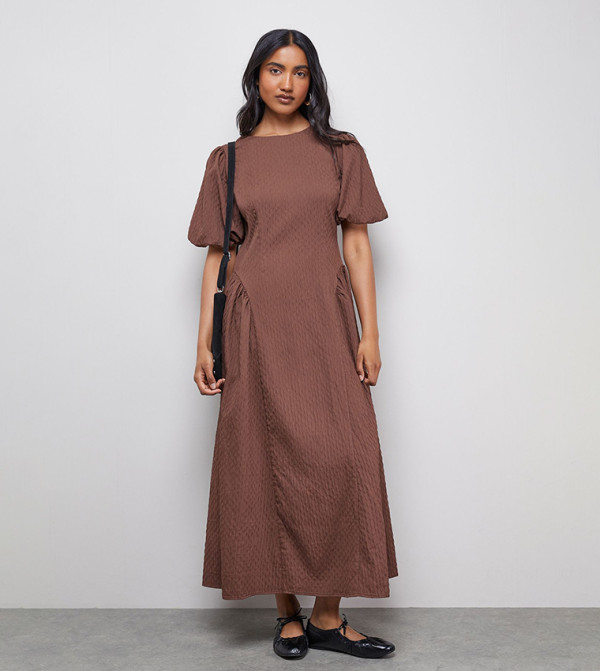 Seersucker Organza Godet Side Puff Sleeves Maxi Dress