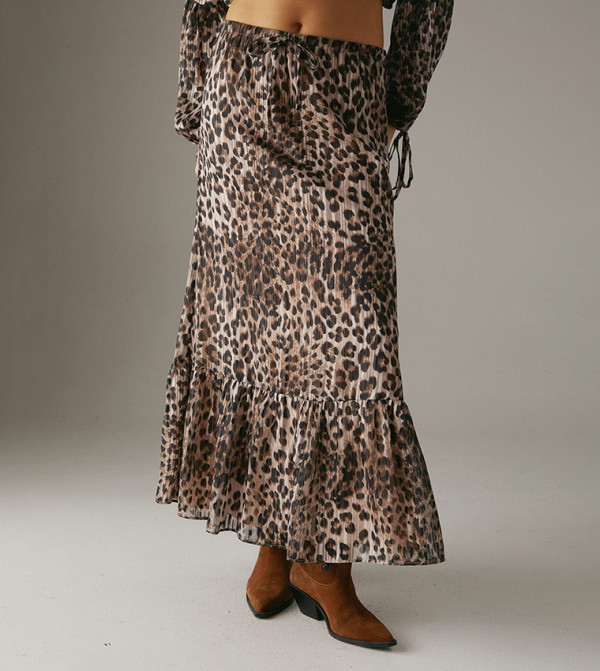 Leopard Print Drawstring Waist Tier Maxi Skirt