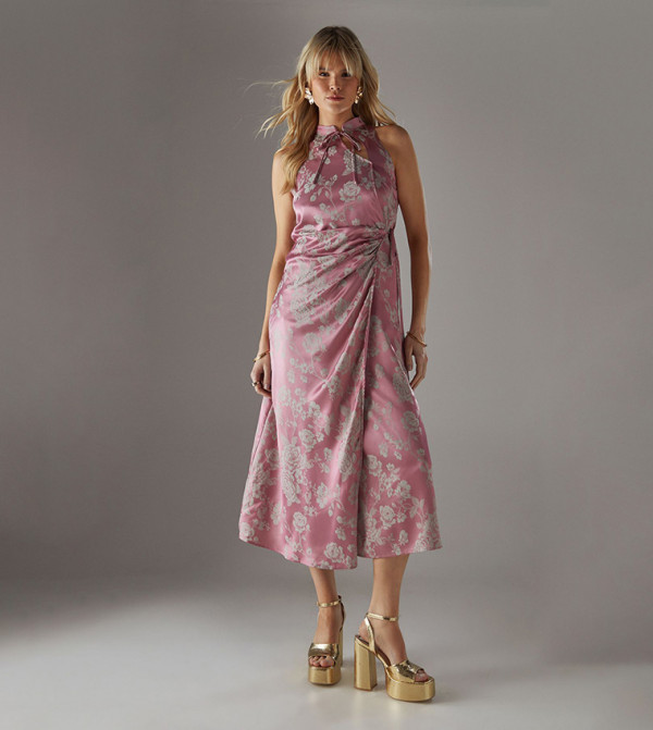 Satin Jacquard Tie Racer Wrap Midi Dress