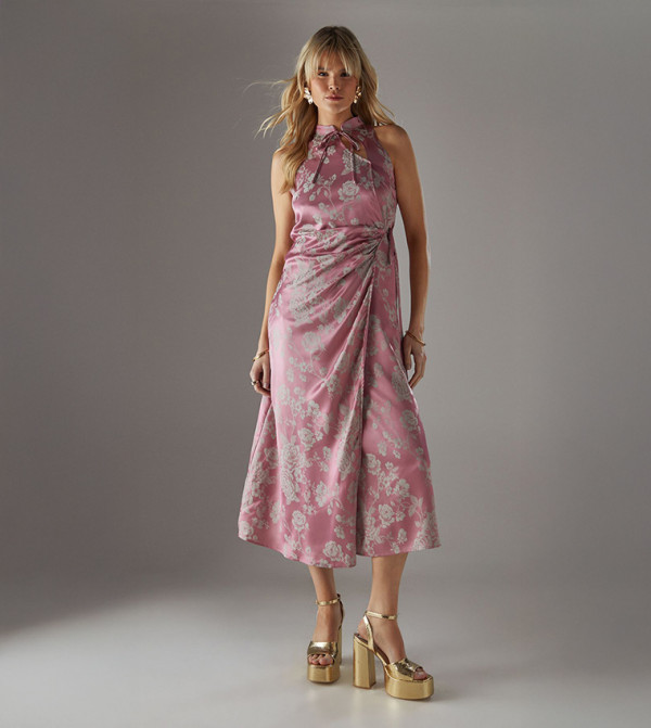 Satin Jacquard Tie Racer Wrap Midi Dress