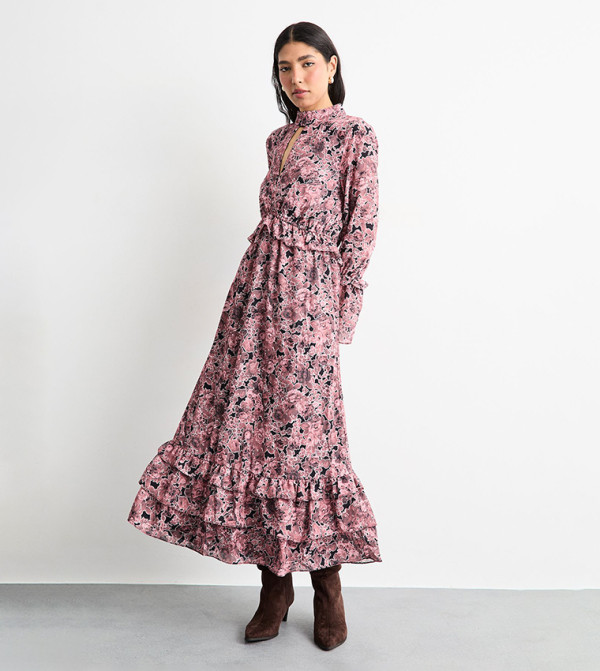 Chiffon Shirred Frill Detail High Neck Midi Dress