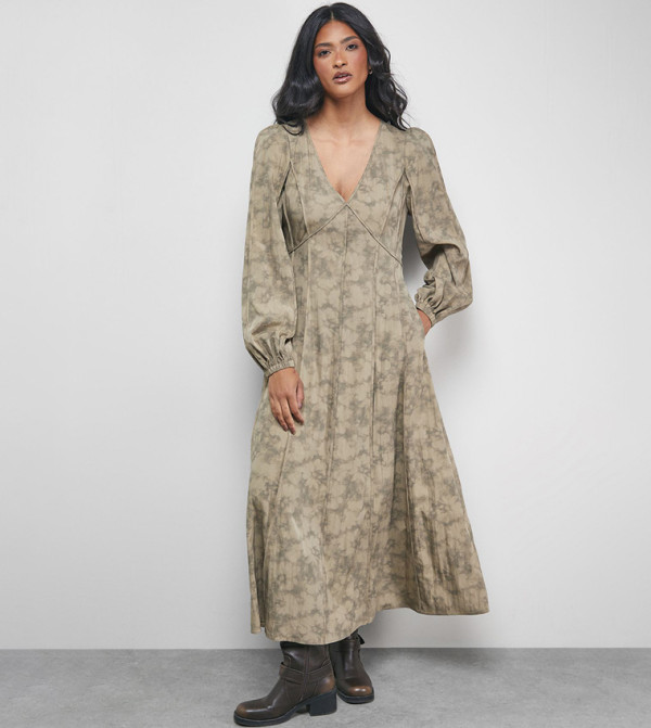 Patterned Plunge Neck Midaxi Dress