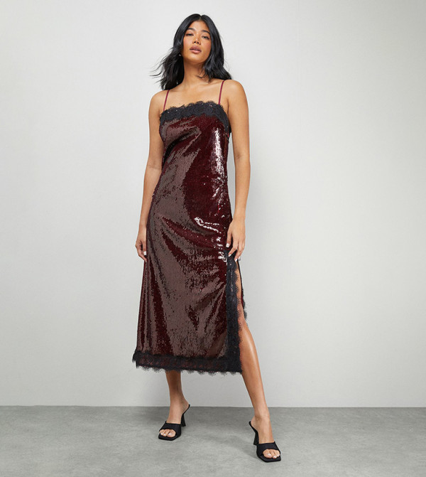 Sequined Lace Trim Square Neck Slip Midi Dress