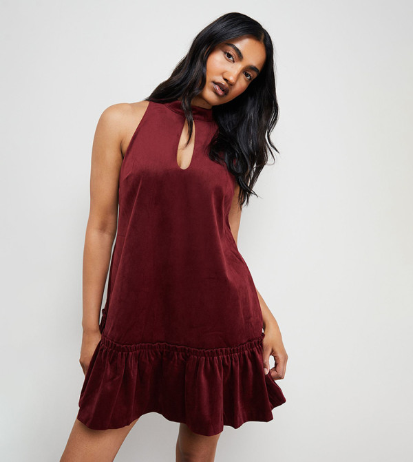 Bonded Velvet High Neck Mini Dress