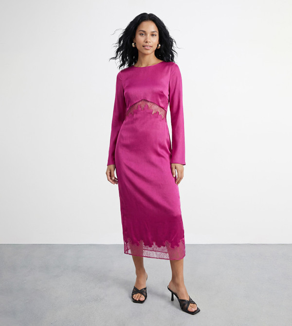 Fluted SLV Satin Lace Insert Dress