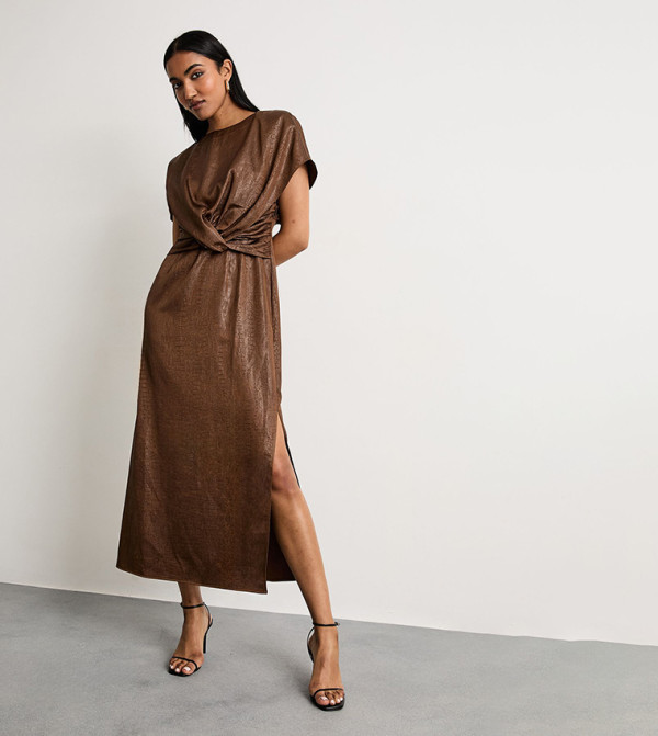 Leather Look Satin Twist Front Detail Midi Dress