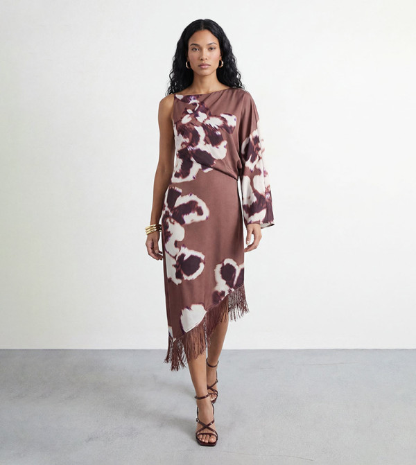 Petite Placement Print One Shoulder Satin Midi Dress