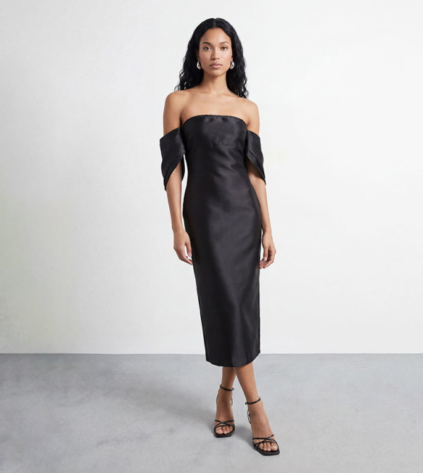 Petite Structured Puff Sleeves Bardot Midi Dress