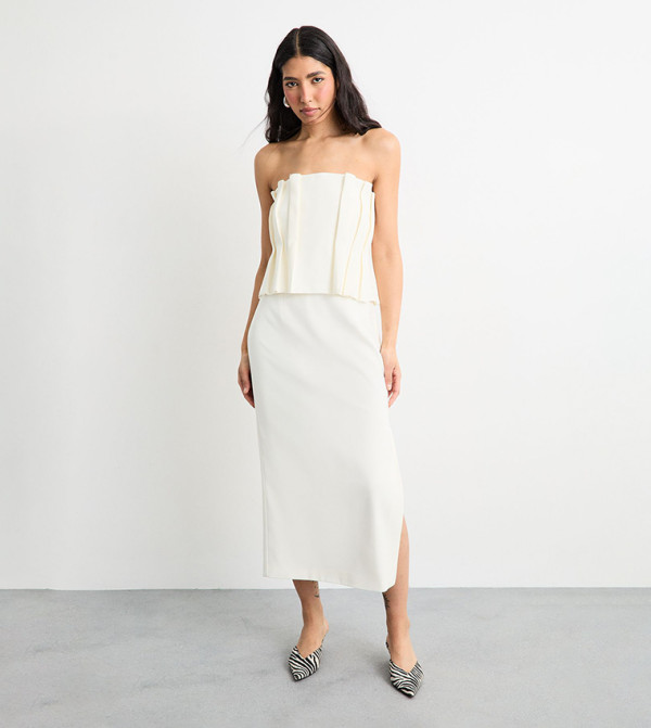 Pleated Bodice Column Midi Dress