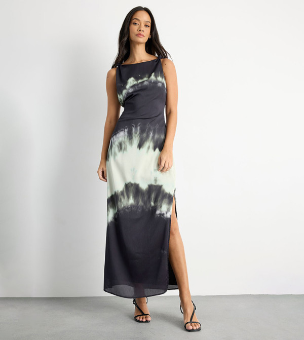 Knot Shoulder Ombre Print Maxi Slip Dress
