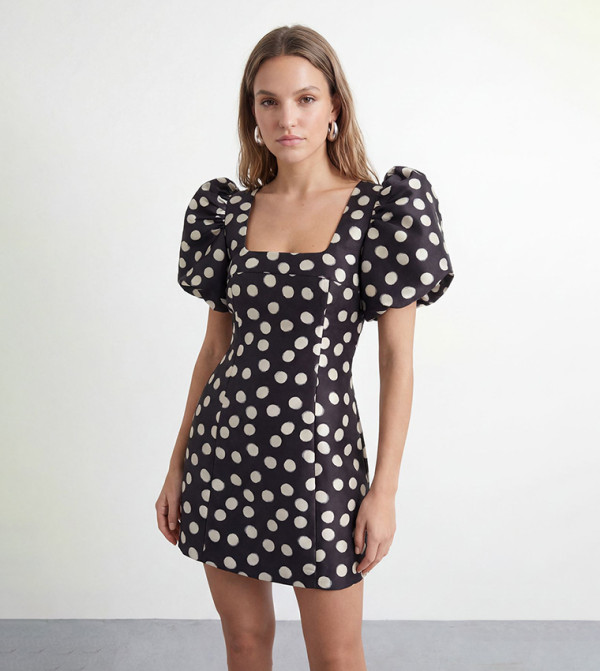 Petite Polka Dots Puff Sleeves A-Line Mini Dress