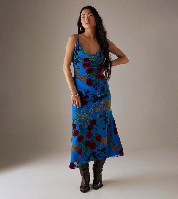 Petite Premium Burnout Cowl Neck Strappy Midi Slip Dress