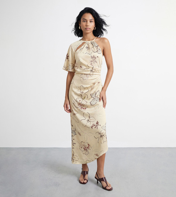 Floral Print Asymmetric One Sleeves Bias Maxi Dress