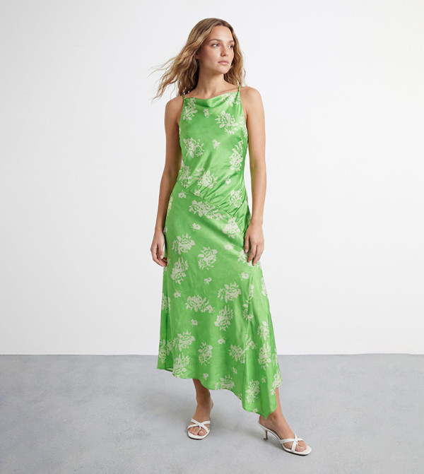 warehouse silk floral dress (S/M) 90s/Y2K Sue Wong Beaded Applique Midi Striking placement print design creates a bold visual statement Luxurious crinkle satin fabric adds texture and dimension Flattering ruched detailing accentuates the silhouette Elegant midi length with sophisticated side split Short sleeves and round neckline offer versatile styling options Make an unforgettable entrance in this captivating Warehouse midi dress Buy Warehouse Floral Printed Viscose